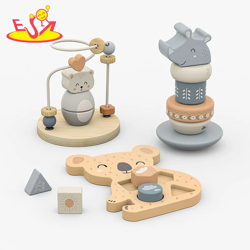 Wooden Baby Activity Center with Bear Bead Maze, Rhino Stacking Toy, and Koala Shape Sorter for Early Skill Development W12F230